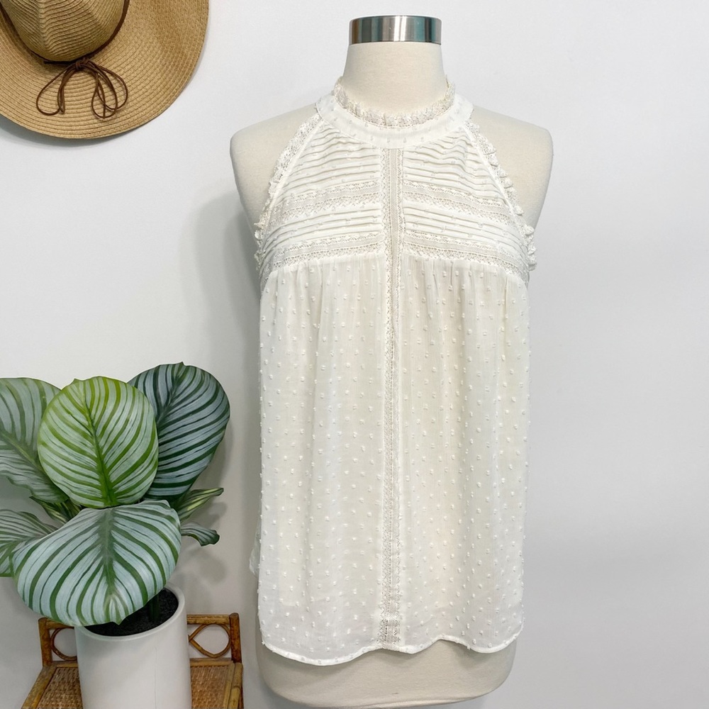 anthro | maeve swiss dot halter high neck sleeveless blouse ivory xs